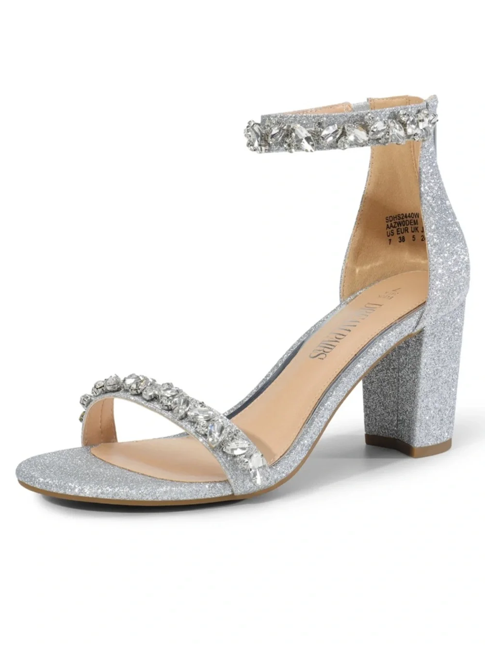 NWOT DREAM PAIRS Women's Low Chunk Heel Silver Sparkling Prom Sandals Size 8.5